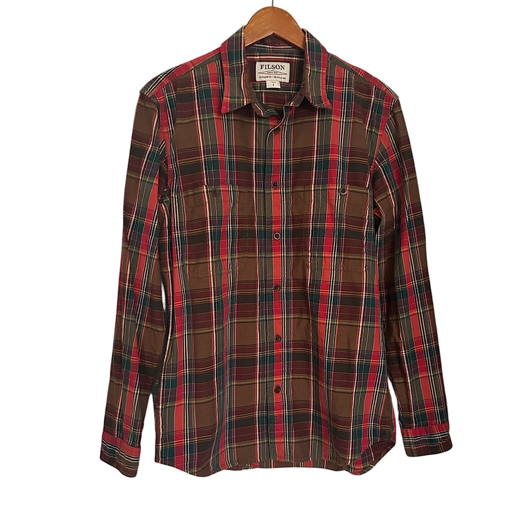 Filson Men’s Wildwood Shirt Red Green Brown Plaid Check Long Sleeve Sz S Outdoor